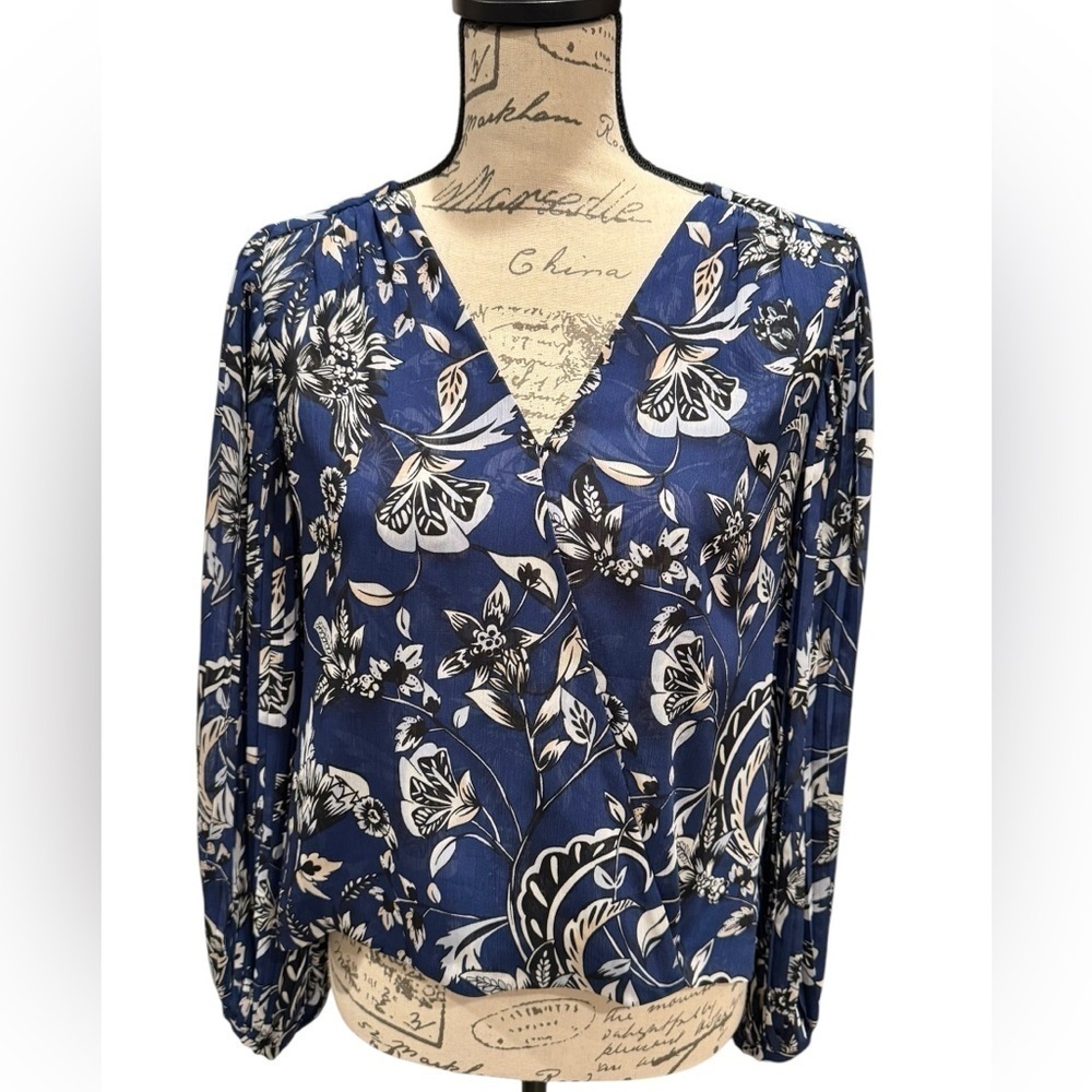 WHBM Blouse Balloon Sleeve Blue Floral Women’s Size 6P